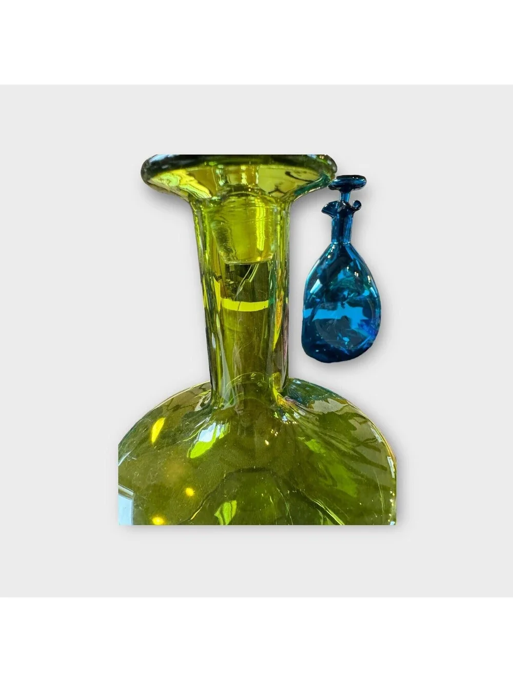 Vintage Hand Blown Kastrup Decanter From Denmark Green. Approximately 11” T